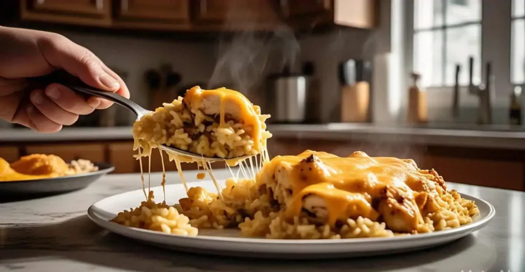 Best Cheesy Chicken and Rice Casserole 3 Serving cheesy chicken and rice casserole with gooey cheese stretching from the pan to a white plate.