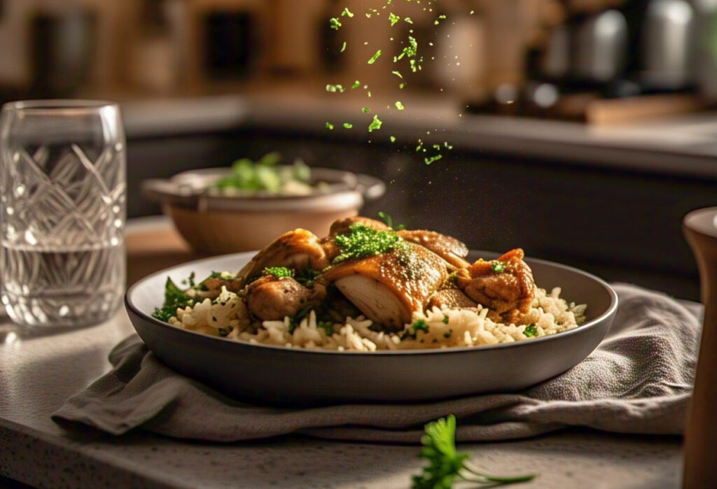 Cozy Weeknight easy Instant Pot Chicken and Rice 4 A hand sprinkling fresh chopped parsley over a bowl of steaming chicken and rice,
