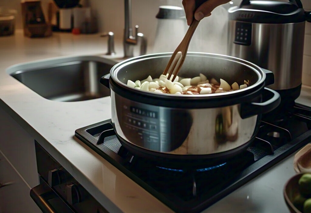 Cozy Weeknight easy Instant Pot Chicken and Rice 3 stirring onions and garlic in an Instant Pot on sauté mode,