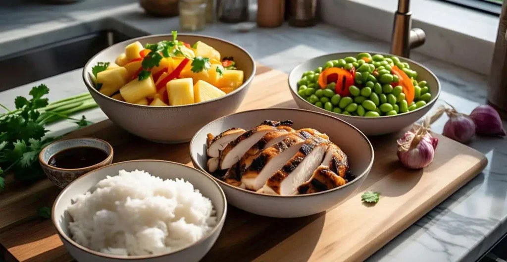 Fire Up the Grill: Best Teriyaki Chicken and Rice Bowl That’ll Make You Skip Takeout 2 Assembling teriyaki chicken and rice bowls with pineapple, peppers, and edamame