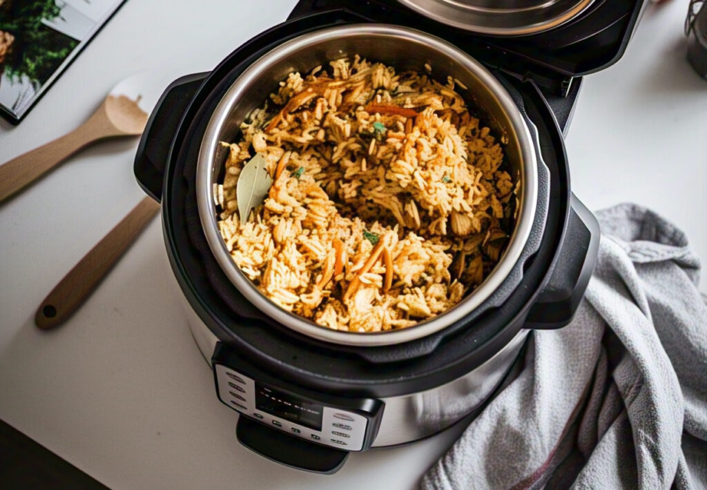 Cozy Weeknight easy Instant Pot Chicken and Rice 5 A top-down view of an open Instant Pot filled with cooked chicken and ric