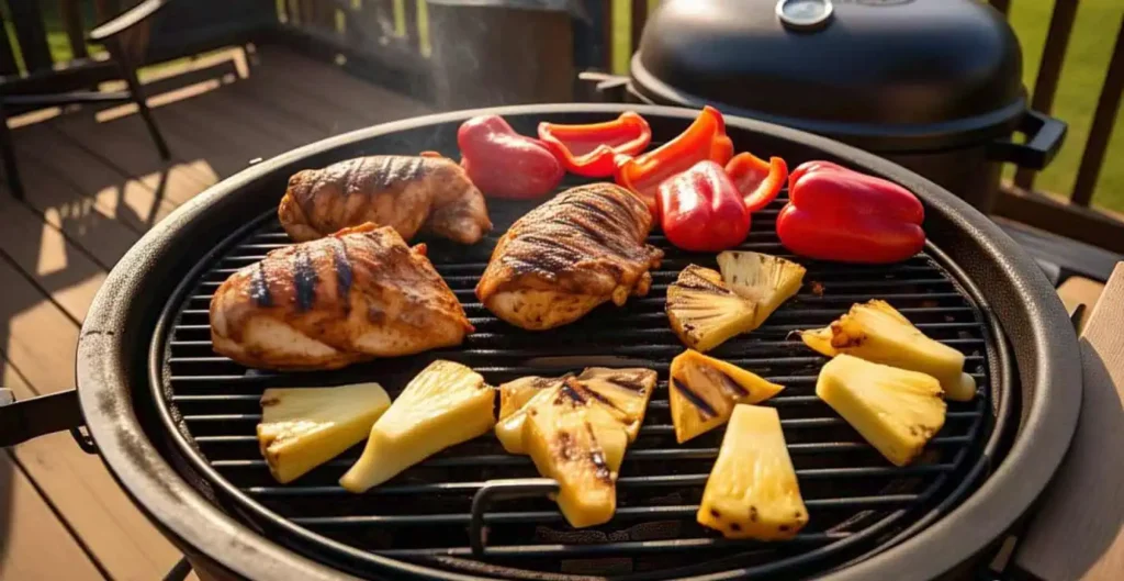 Fire Up the Grill: Best Teriyaki Chicken and Rice Bowl That’ll Make You Skip Takeout 3 Chicken, pineapple, and bell peppers grilling on barbecue for rice bowls