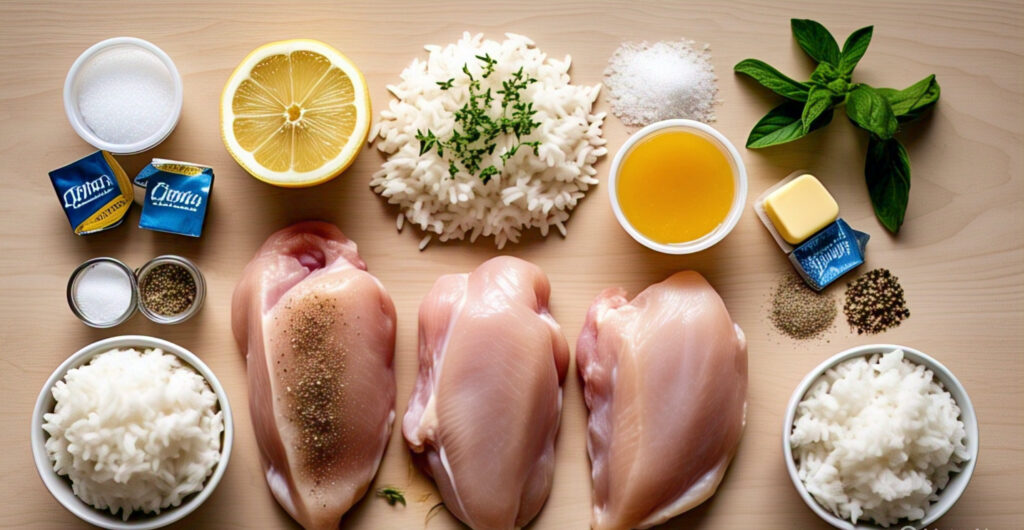 One-Pan Wonder: Easy Lemon Herb Chicken and Rice 2 Flat lay of ingredients for lemon herb chicken and rice recipe