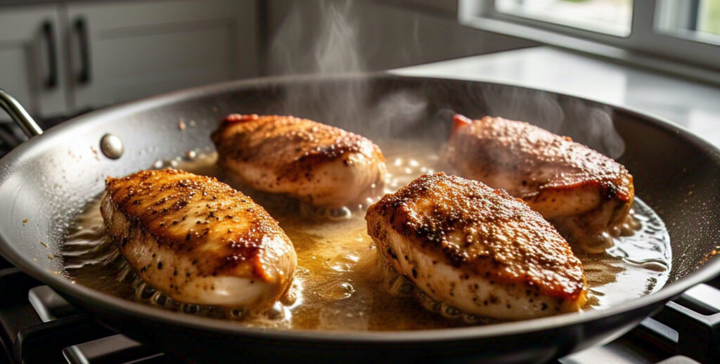 One-Pan Wonder: Easy Lemon Herb Chicken and Rice 3 Chicken breasts being seared in a skillet with butter and Italian herbs