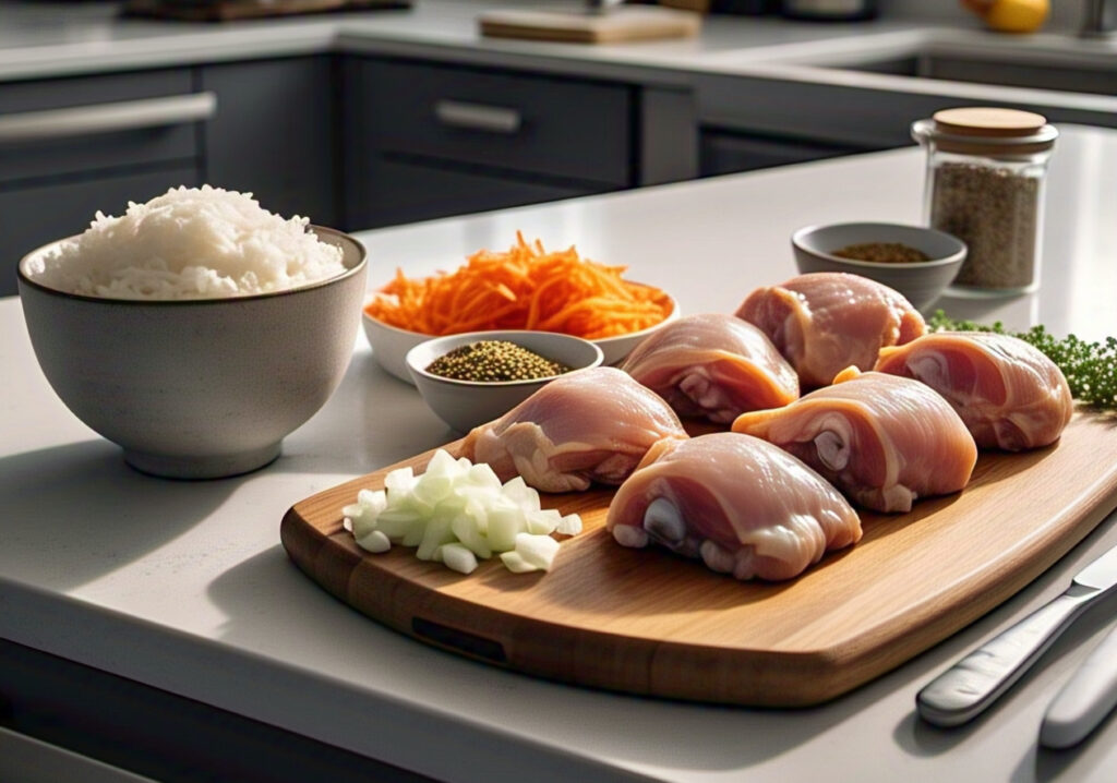 Cozy Weeknight easy Instant Pot Chicken and Rice 2 Raw boneless chicken thighs being cut on a wooden cutting board