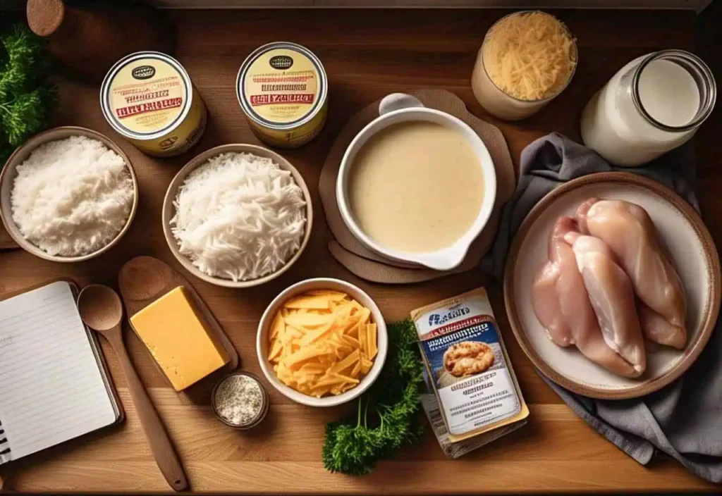Best Cheesy Chicken and Rice Casserole 2 Flat lay of ingredients for cheesy chicken and rice casserole including rice, cheese, chicken, soup, broth, and seasonings.