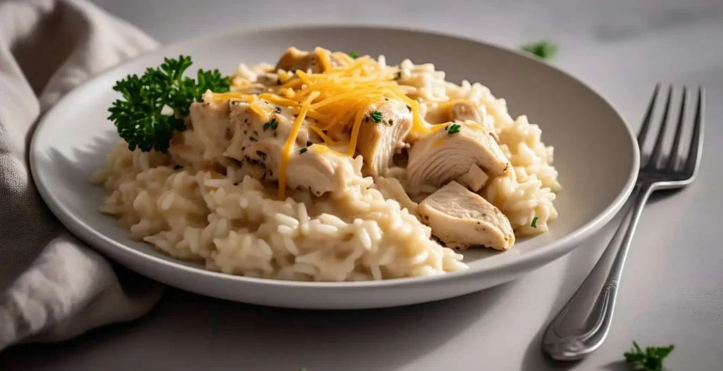 One Pot Creamy Chicken and Rice: Your Weeknight Dinner Hero 4 Plated serving of creamy chicken and rice with melted cheese and parsley