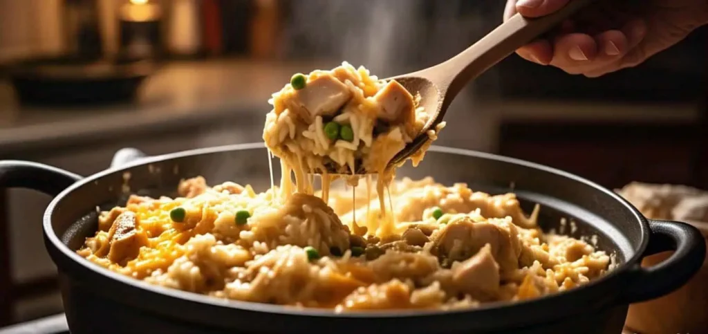 One Pot Creamy Chicken and Rice: Your Weeknight Dinner Hero 2 Scooping hot creamy chicken and rice with melted cheese from a pot.