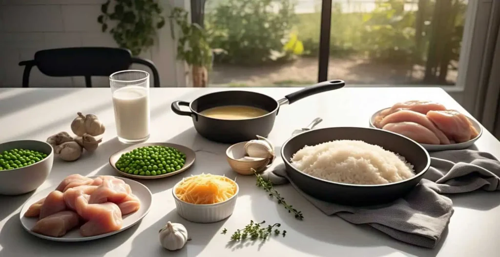 One Pot Creamy Chicken and Rice: Your Weeknight Dinner Hero 3 Flat lay of ingredients for one pot creamy chicken and rice on a kitchen counter.