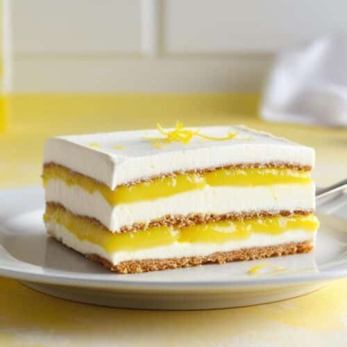 Slice of lemon tiramisu on a plate with lemon zest and mint garnish