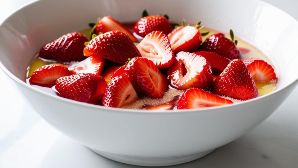 Easy Strawberry Tiramisu: A Sweet Summer Spin on the Classic 3 sliced-strawberries-in-a-white-bowl-mixed-with-lemon-juice-and-sugar