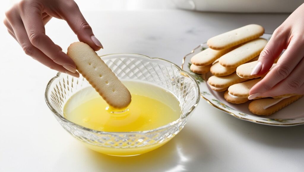 The Perfect Lemon Tiramisu: A Sunny Twist on a Classic 3 Ladyfingers being dipped in lemon soak for no-bake tiramisu