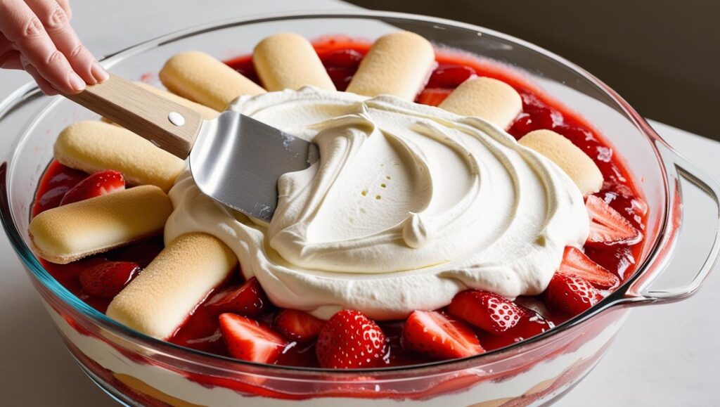 Easy Strawberry Tiramisu: A Sweet Summer Spin on the Classic 5 Mid-assembly-shot-of-ladyfingers-in-a-dish-topped-with-strawberry-