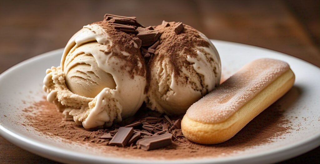 Decadent Tiramisu Ice Cream: The Ultimate Frozen Dessert Twist 3 Single scoop of tiramisu ice cream served in a bowl with cocoa powder and chocolate shavings.