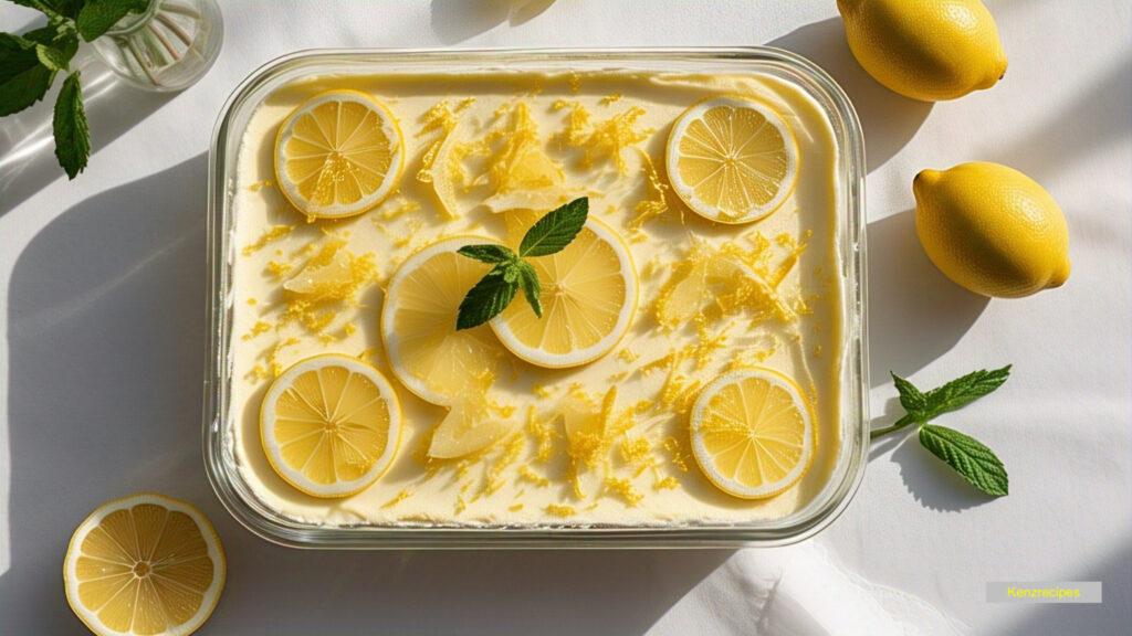 The Perfect Lemon Tiramisu: A Sunny Twist on a Classic 5 Lemon tiramisu in a serving dish topped with lemon zest and mint