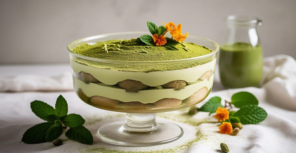 Creamy Matcha Tiramisu- light, delicious, and unique 3 Layered Matcha Tiramisu in a trifle dish with visible mascarpone cream and matcha-soaked ladyfingers.