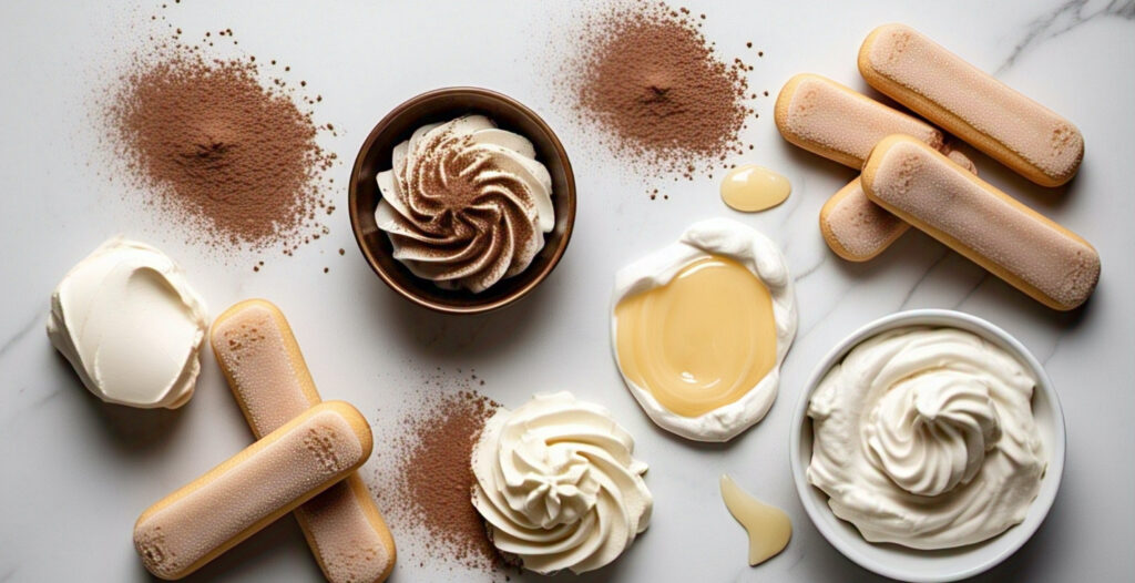 Decadent Tiramisu Ice Cream: The Ultimate Frozen Dessert Twist 2 Flat lay of tiramisu ice cream ingredients including mascarpone, whipped cream, and ladyfingers.