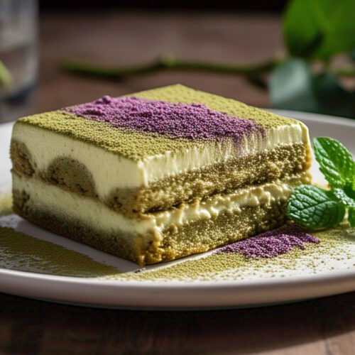 Slice of creamy Matcha Tiramisu topped with bright green matcha powder in a white serving dish.