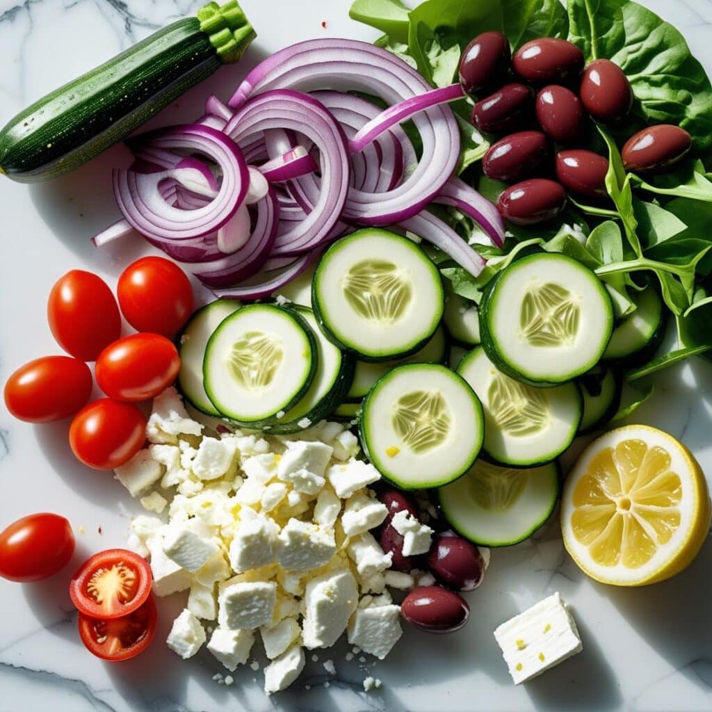 Ingredients for grilled zucchini Greek salad on marble