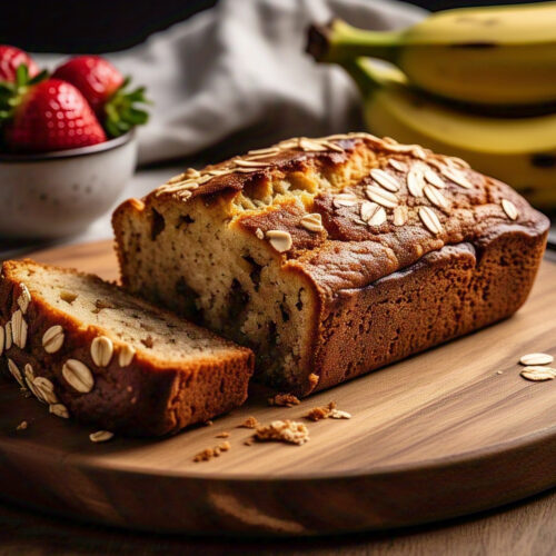 Banana oat bread freshly sliced on cutting board 1