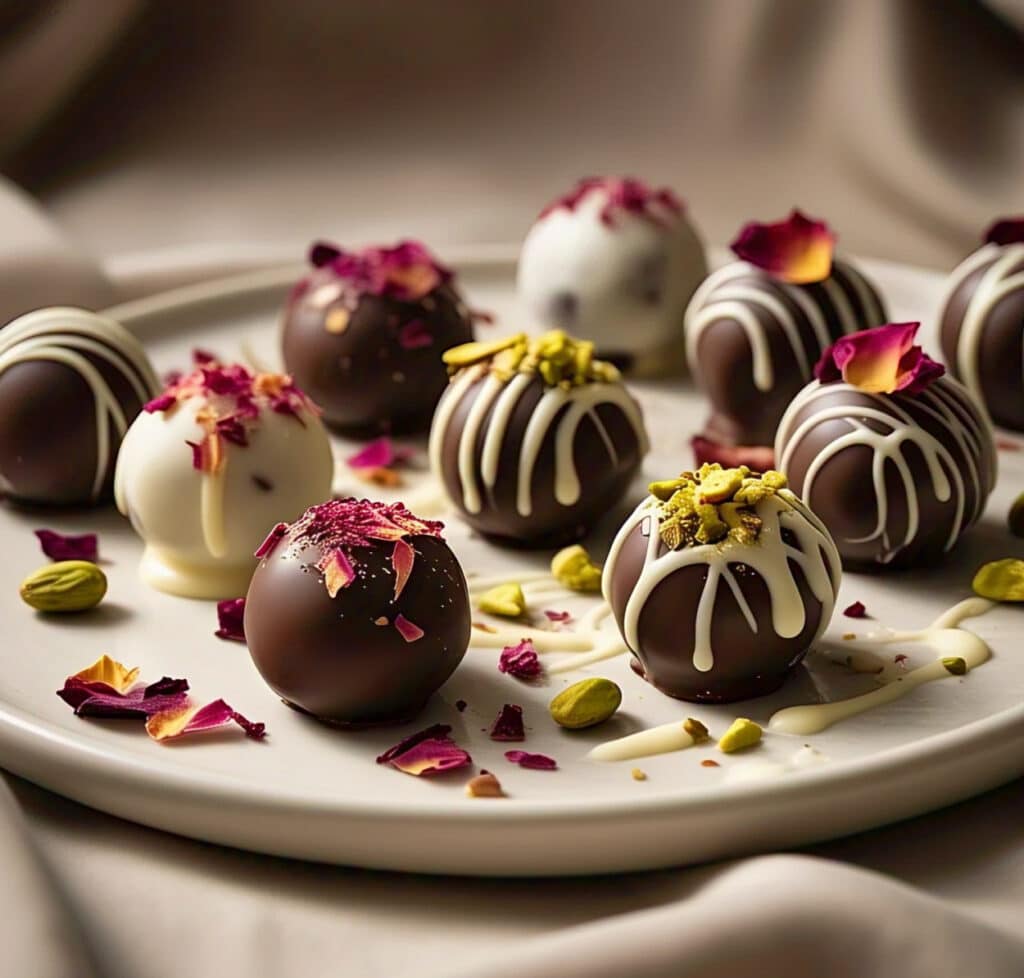 Assorted Dubai chocolate strawberries with floral toppings