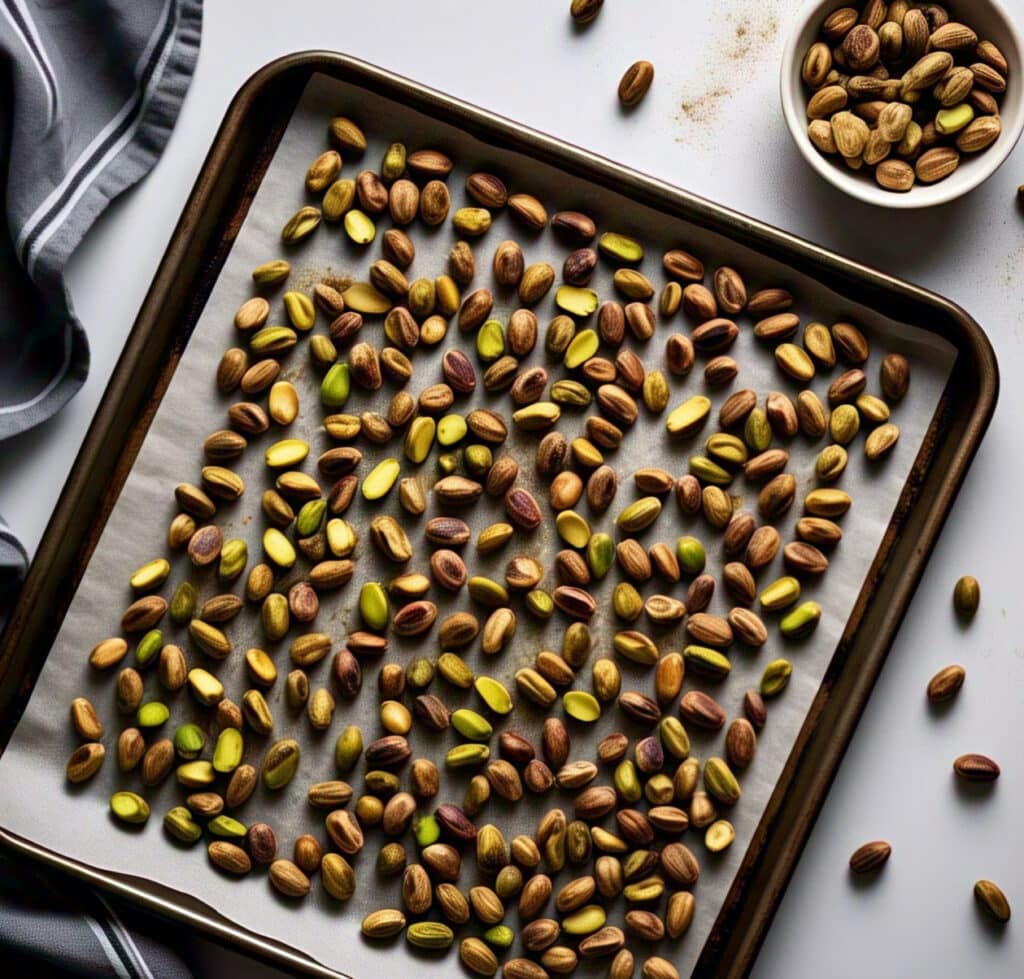 How to Make Pistachio Butter - Roasted pistachios on baking tray
