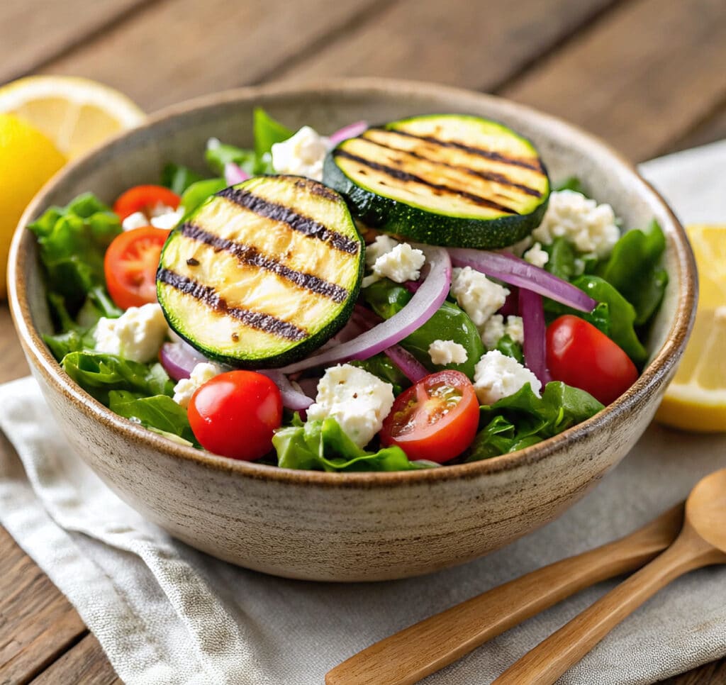 Grilled zucchini Greek salad mixed and ready to serve
