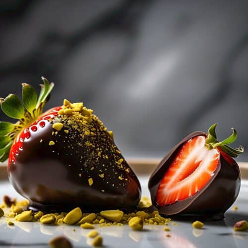 Dubai chocolate strawberry with gold and pistachio topping