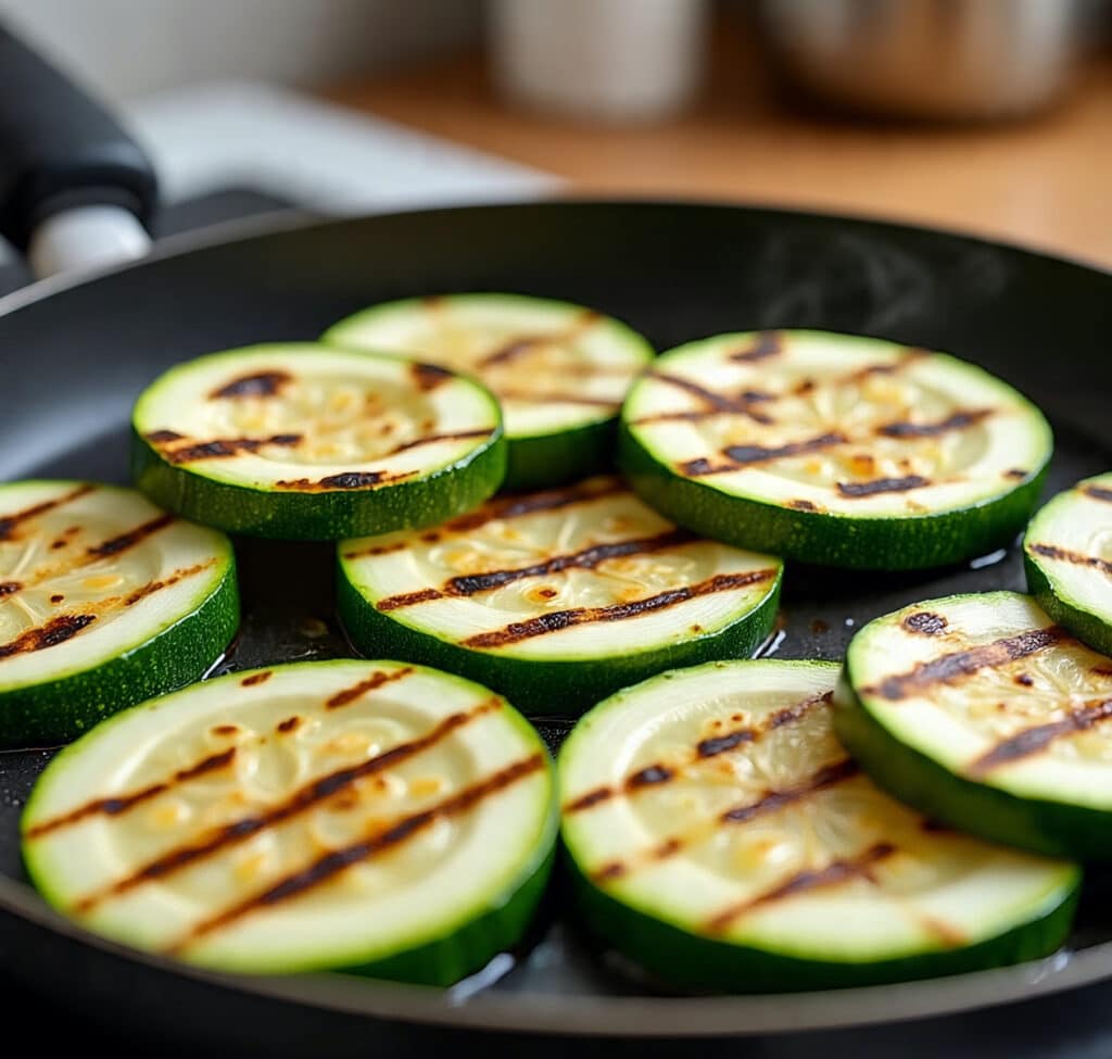 Zucchini slices being grilled on a cast iron pan